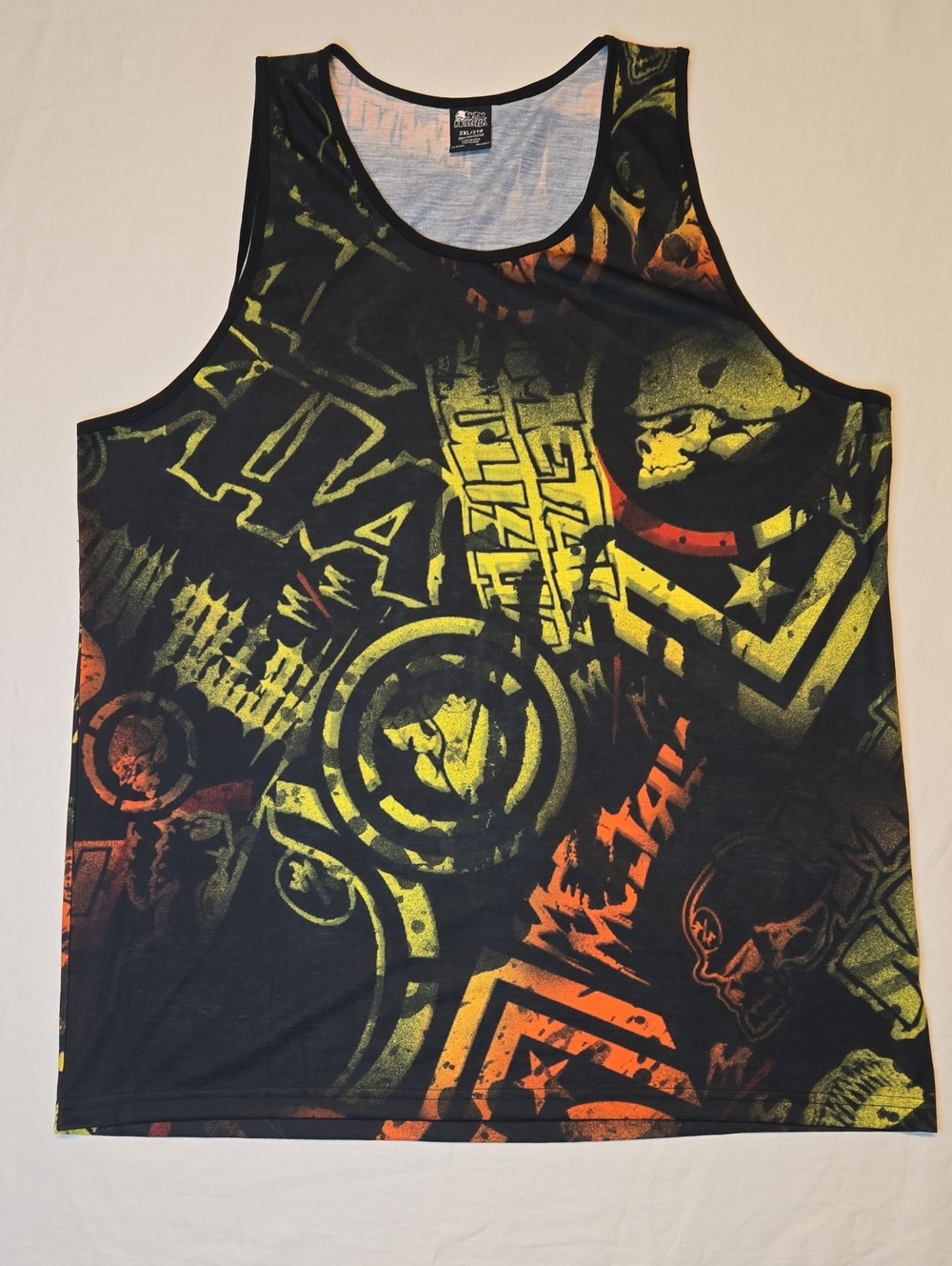 Metal Mulisha Black Tank Top with Yellow,Orange & Red AOP Graphic Vintage Y2K